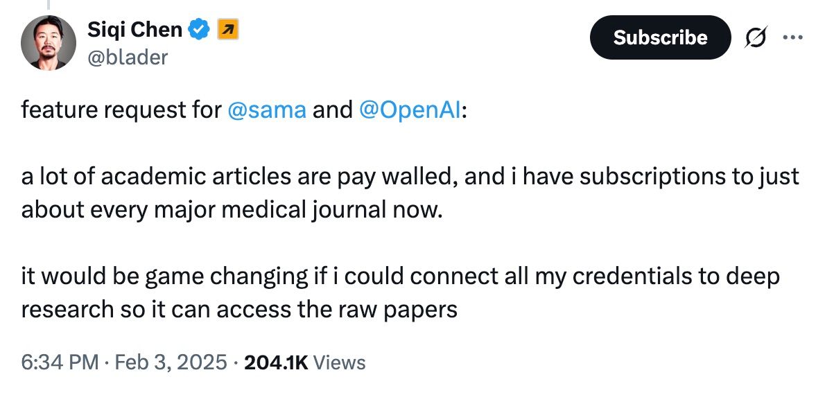 Twitter post of a user asking about Deep Research and paywalled scientific literature